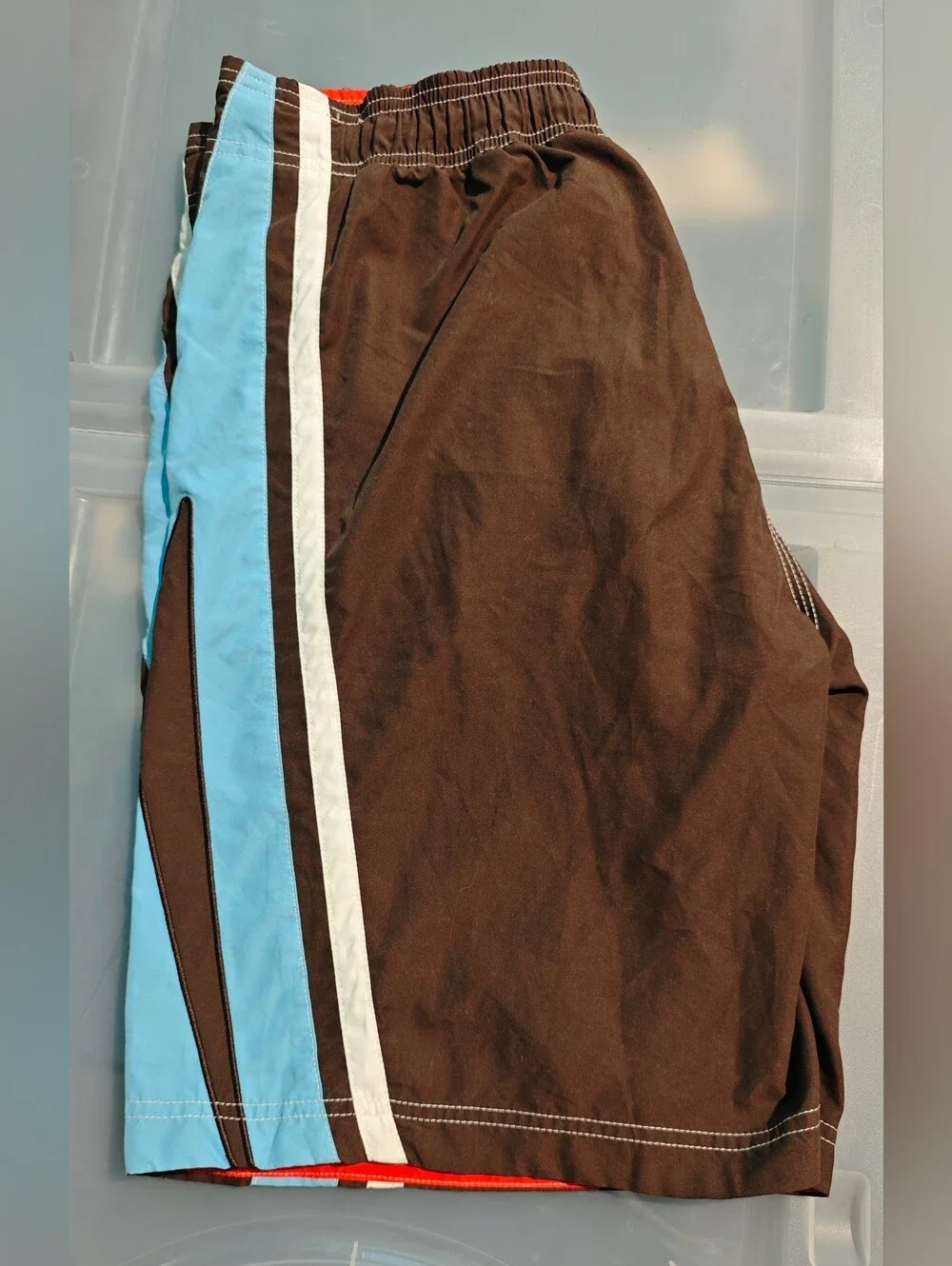 Speedo Men's Brown Swim Shorts with Light Blue Side Panels Drawstring Size L